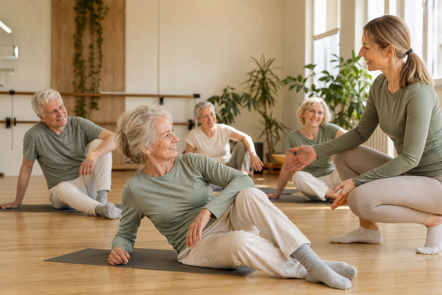 Participants practising gentle floor exercises with an instructor at Lyssara
