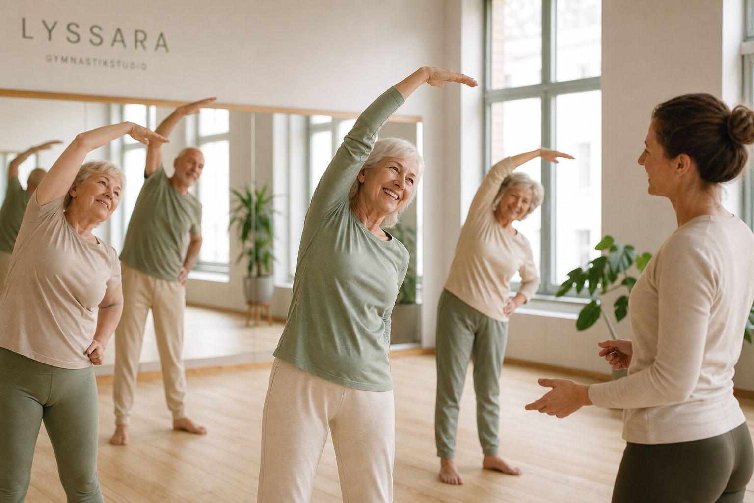 Group gymnastics class in a bright Lyssara studio with gentle movement