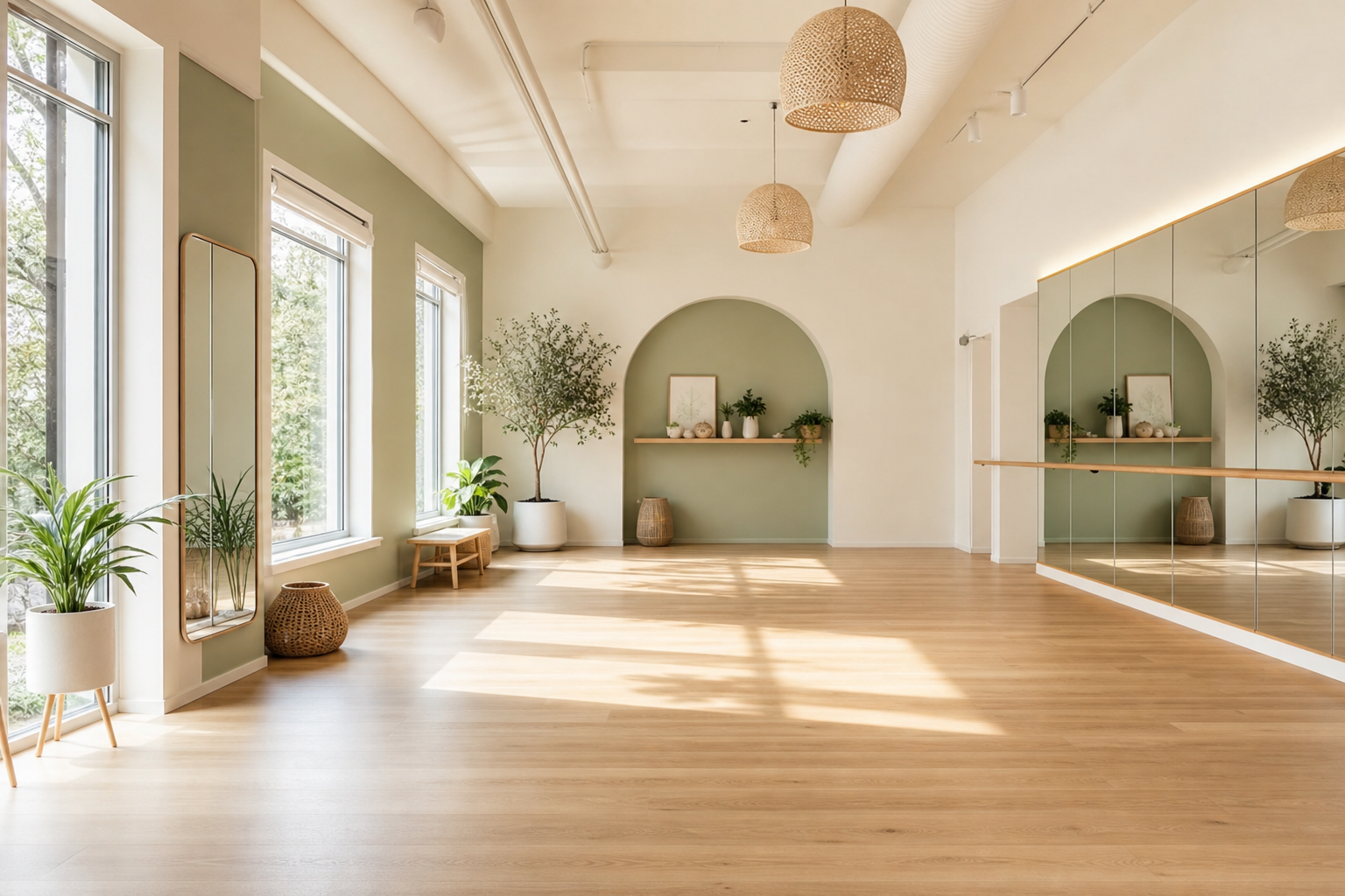 Lyssara studio interior with natural light, wood floors and plants